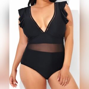Meet Curve Women's Black Ruffle Plunge V Neck One Piece Swimsuit Mesh Insert 4XL